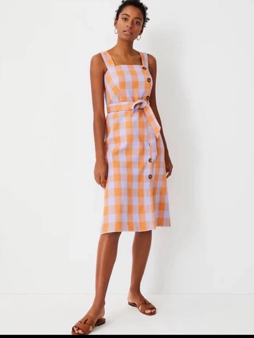 Taylor Gingham Square Neck Midi Dress in Orange Lavender Belt Tie Button Front